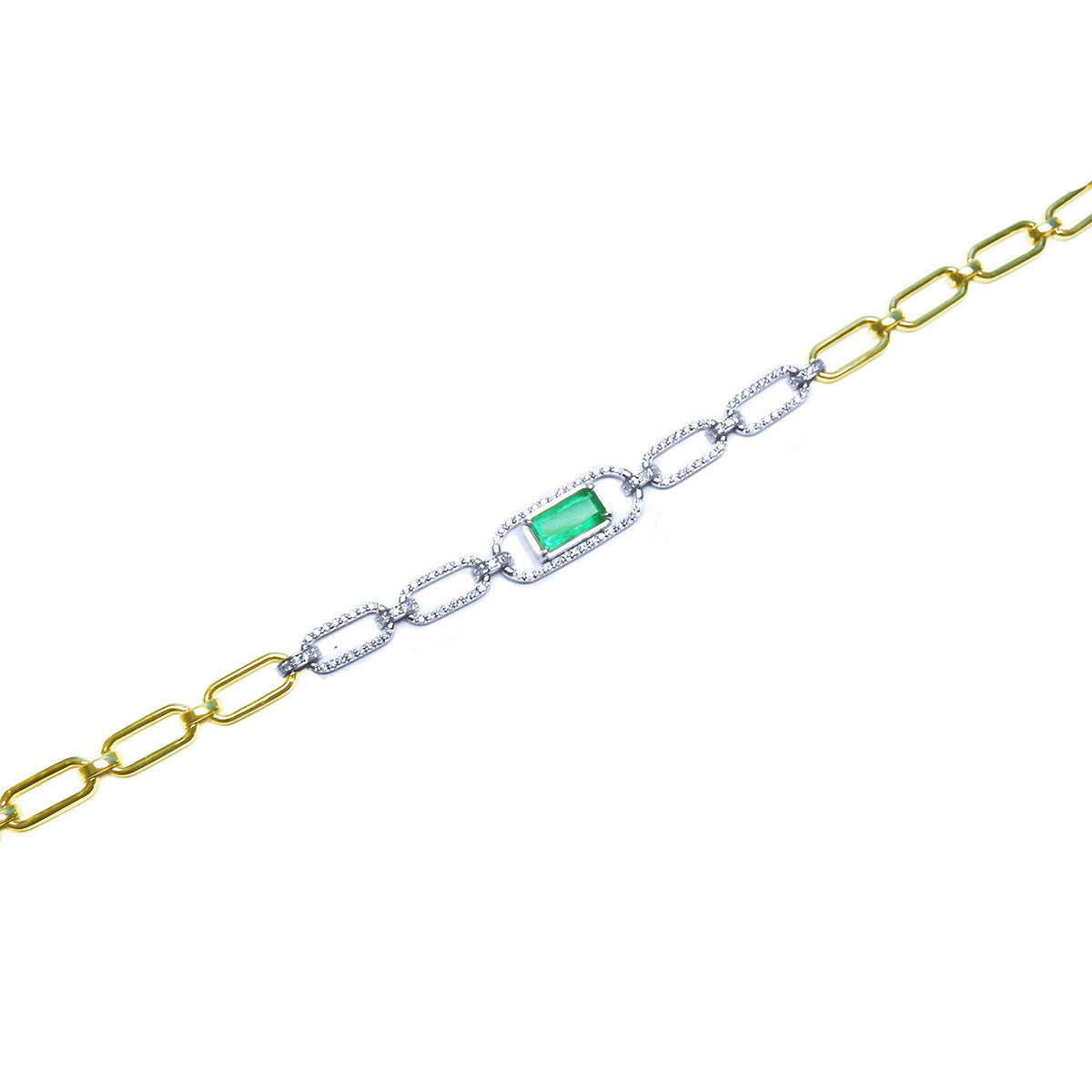 Gold and white gold paperclip bracelet with a natural emerald on a white background.
