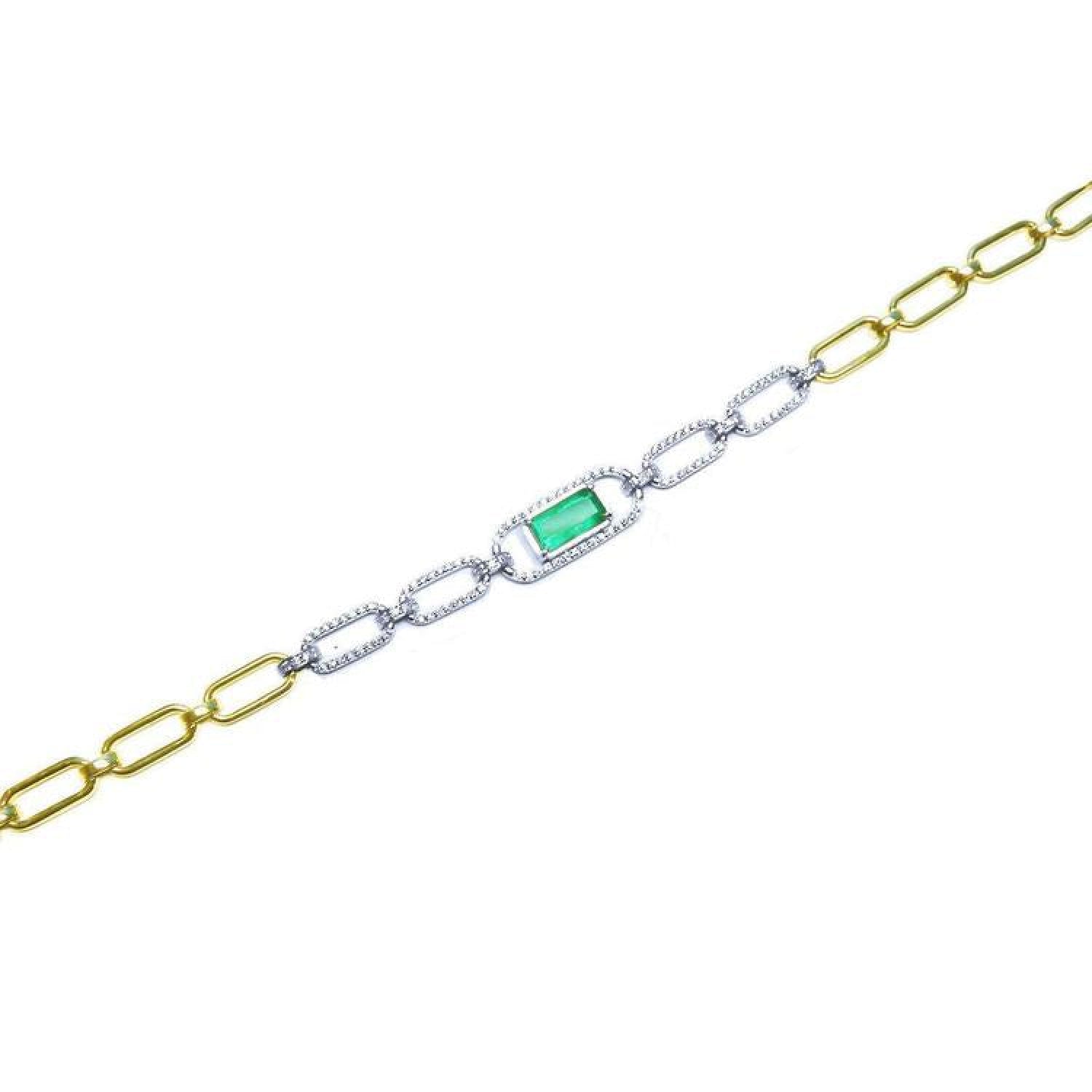 14K white and yellow gold paperclip bracelet with a vibrant emerald-cut emerald and diamond halo.