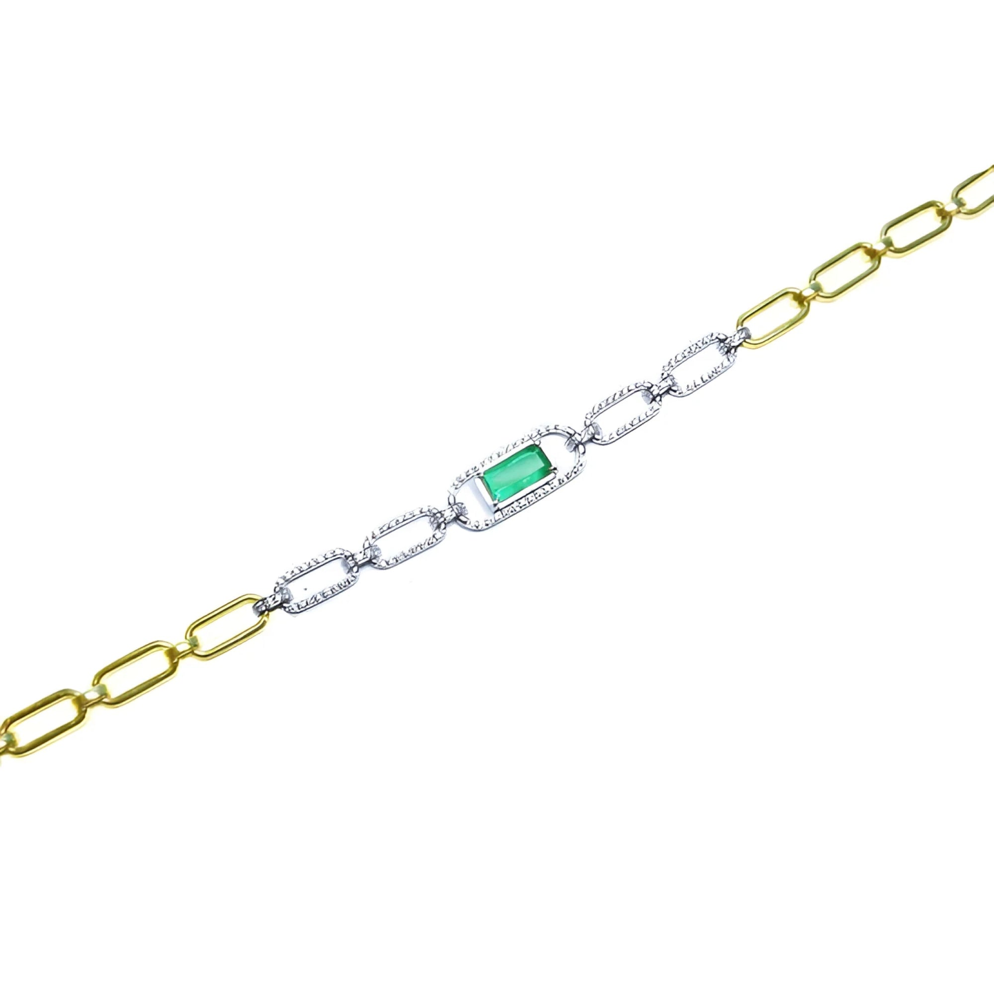14K white and yellow gold paperclip bracelet with a vibrant emerald-cut emerald and diamond halo.