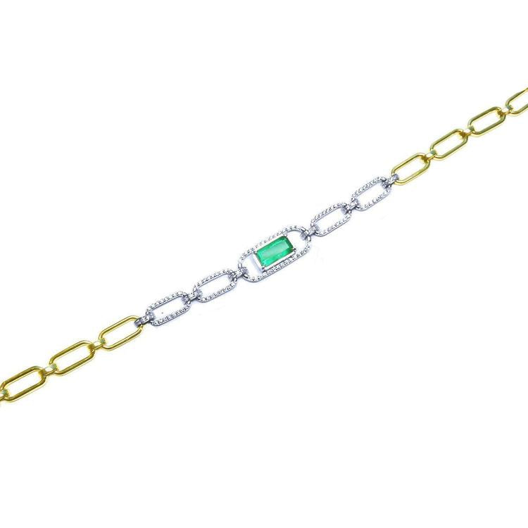 14K white and yellow gold paperclip bracelet with a vibrant emerald-cut emerald and diamond halo.