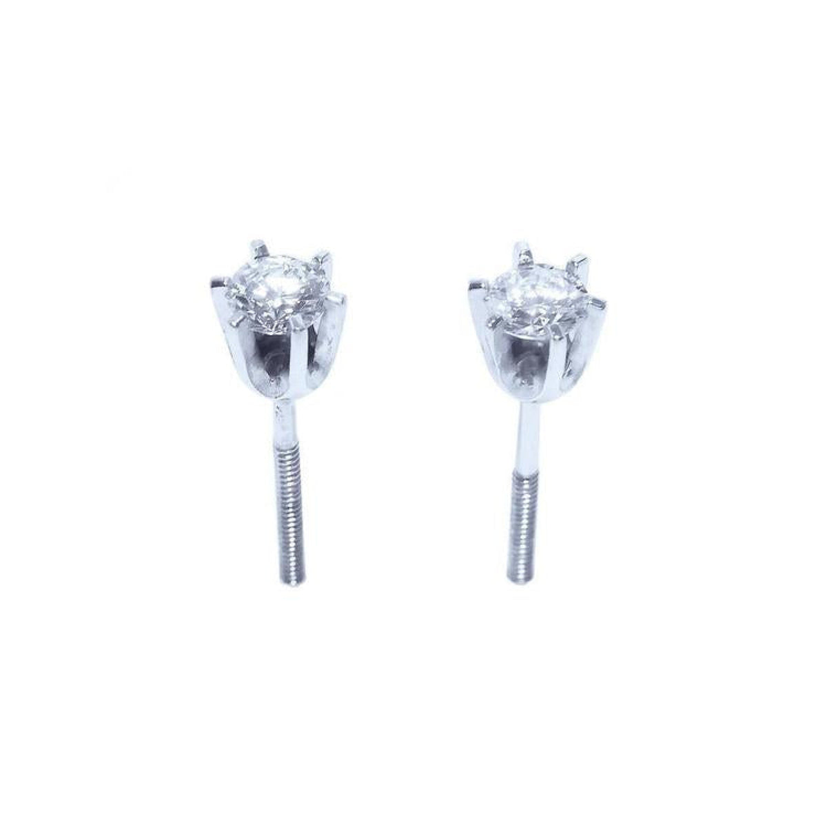 Pair of 14K white gold natural diamond stud earrings with six-prong settings and screw backs.