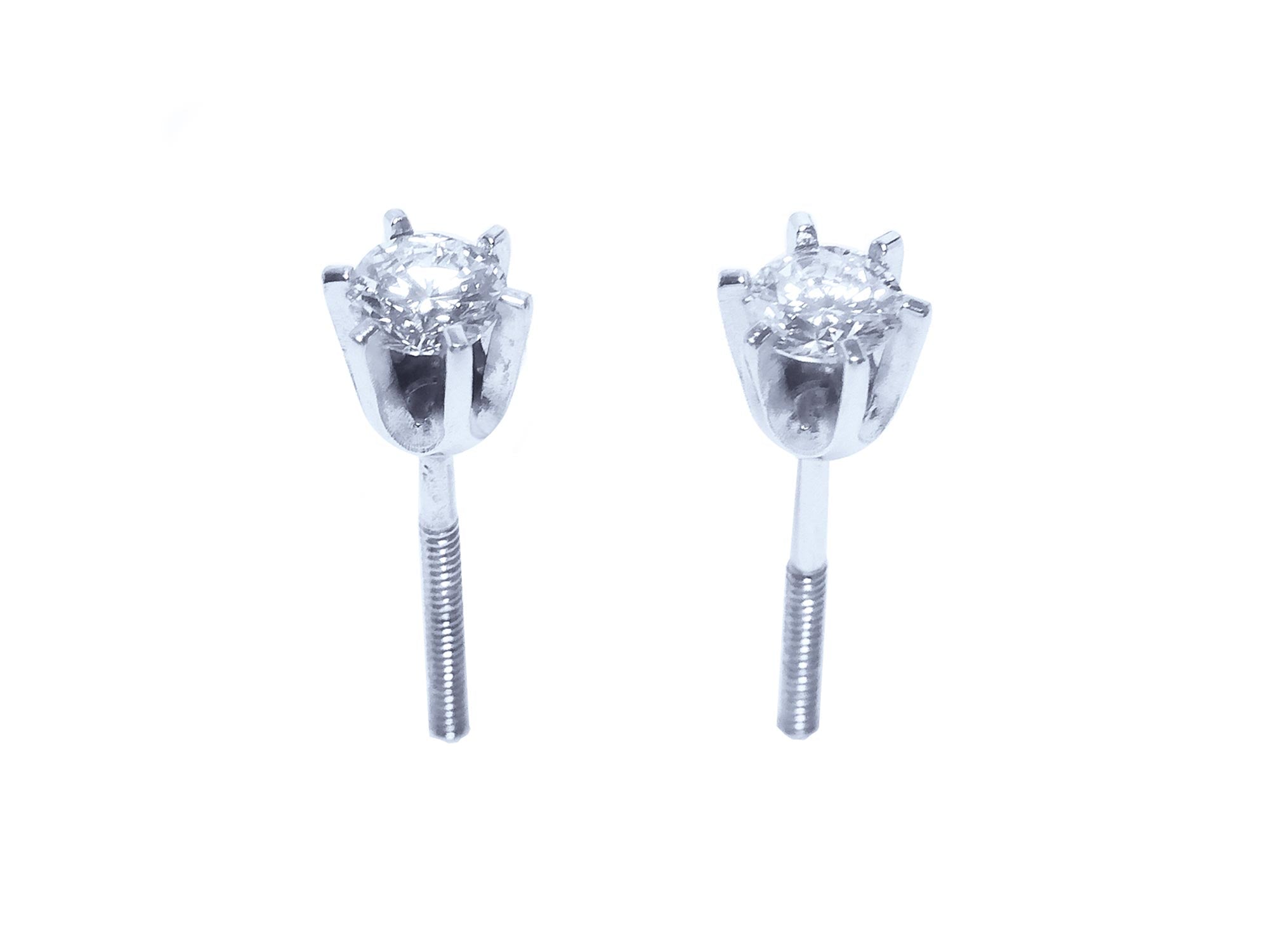 Top and underside view of a 14k white gold diamond stud earrings screw backs.