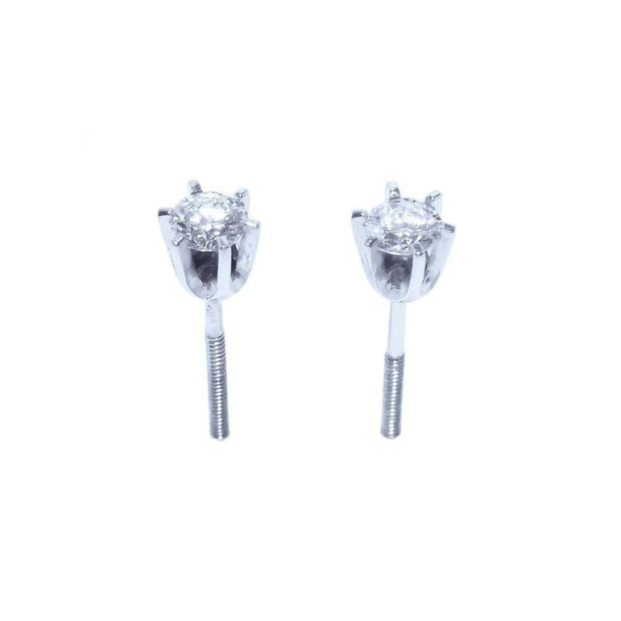 Pair of 14K white gold natural diamond stud earrings with six-prong settings and screw backs.
