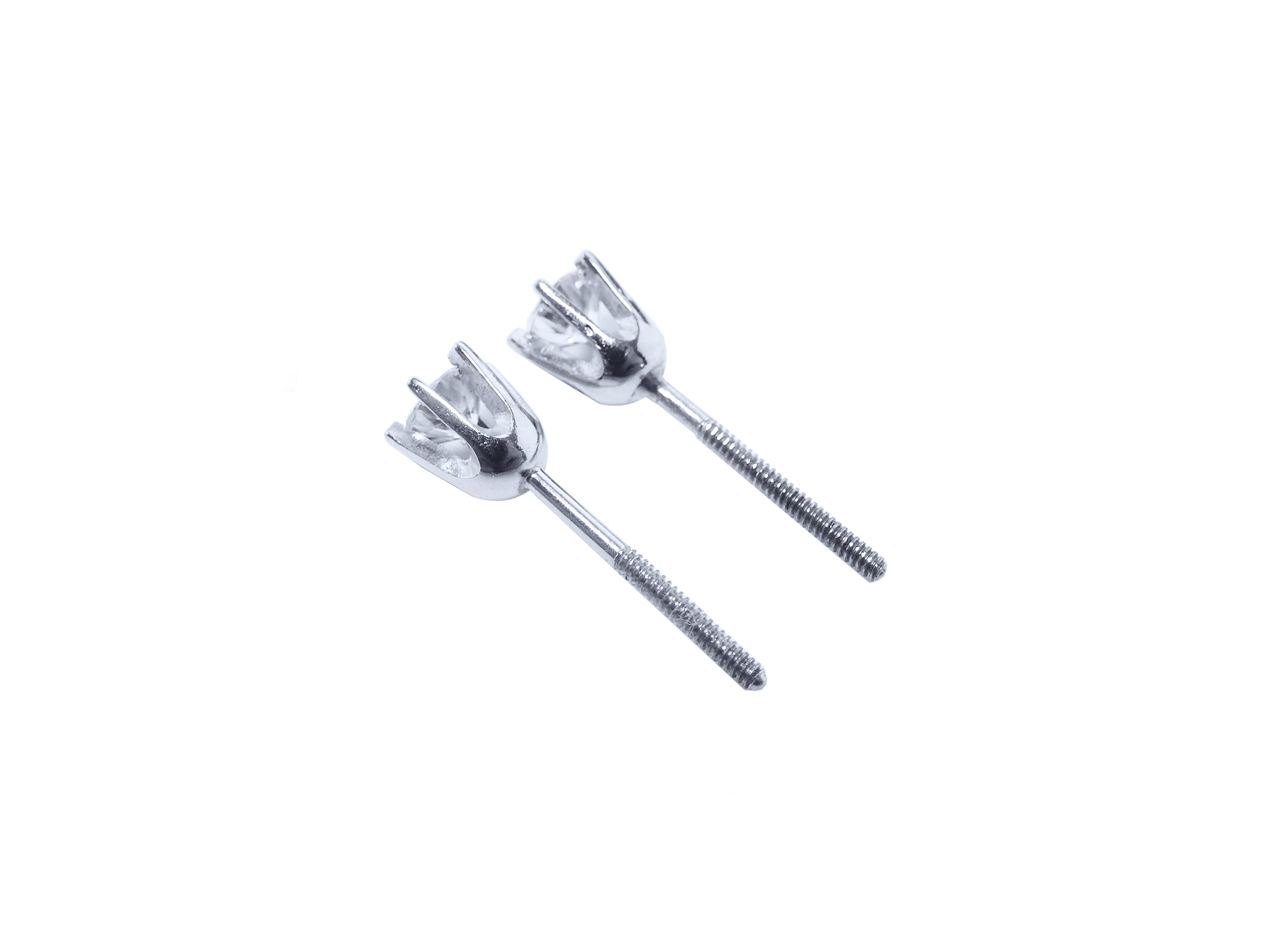 Pair of 14k white gold diamond stud earrings screw backs, side profile view.