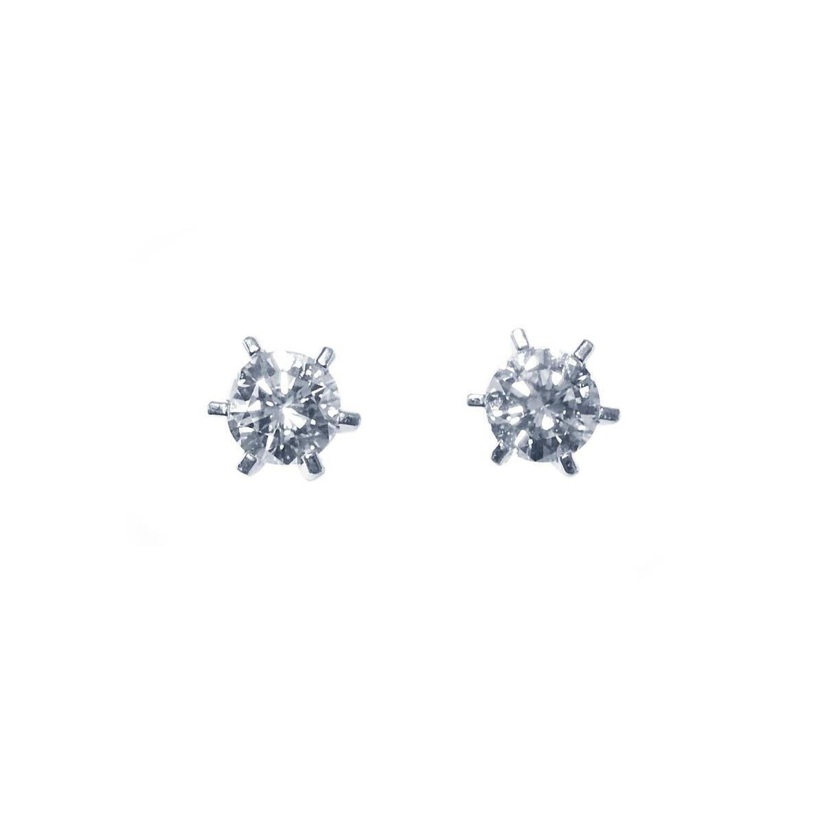A pair of screw back natural diamond stud earrings white gold, topside position view.