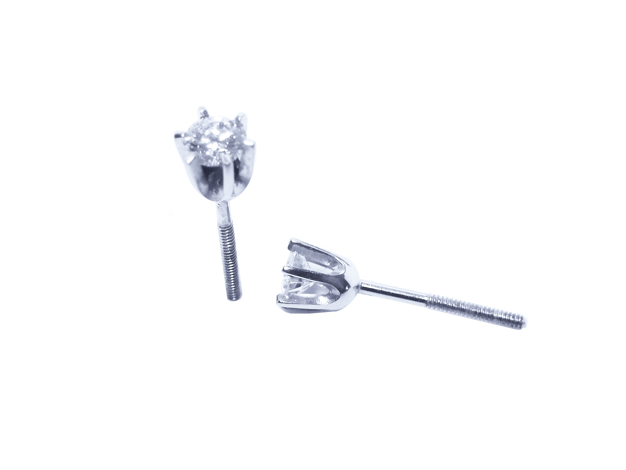 A pair of a 14k white gold diamond stud earrings, underside profile view.