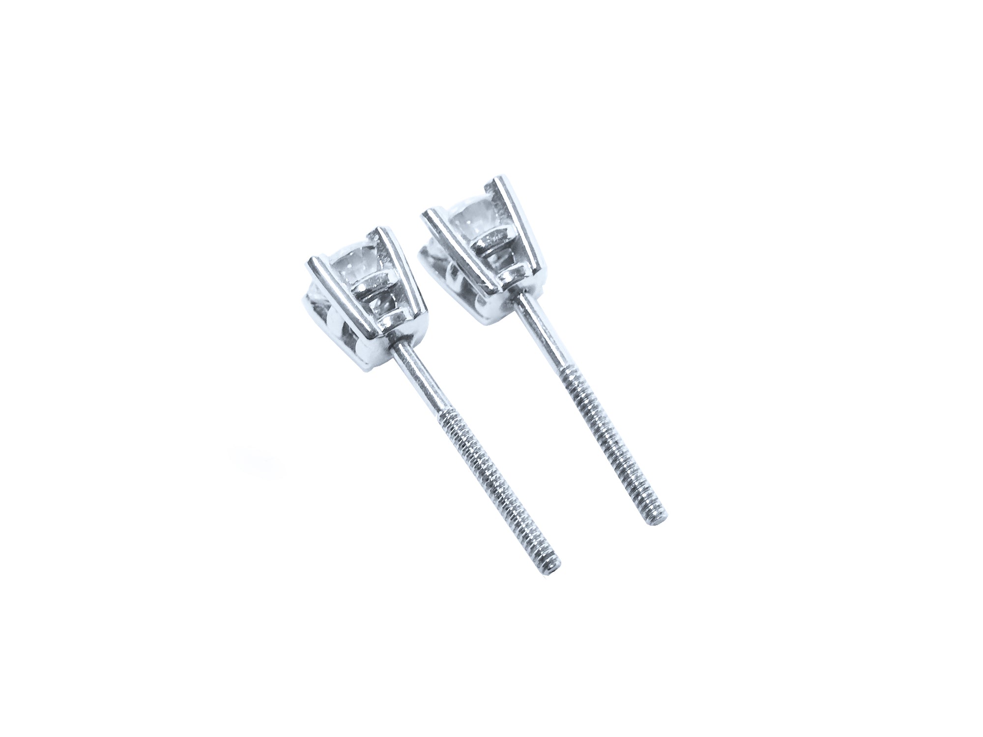 Pair of screw backs diamond stud earrings white gold, downside view.