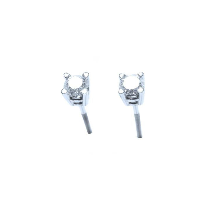 A pair of screw backs diamond stud earrings white gold, top and side profile view.