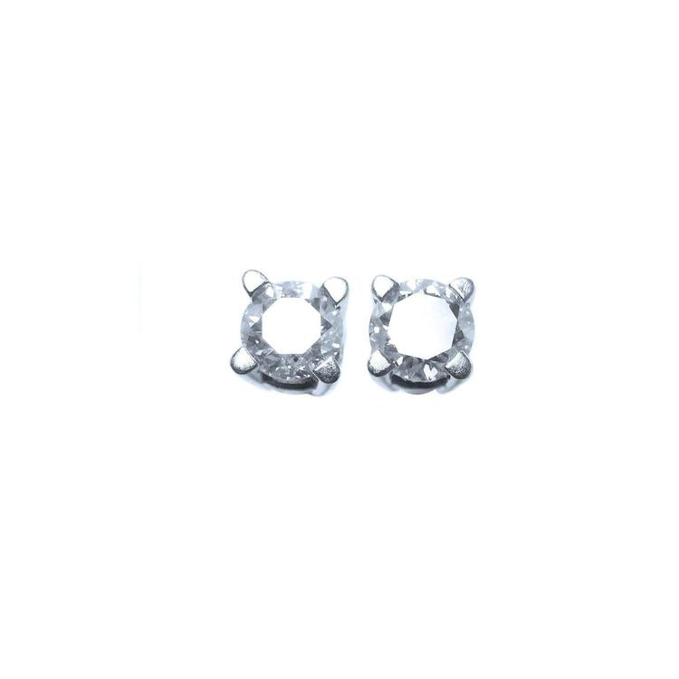 A pair of diamond stud earrings white gold, topside view.
