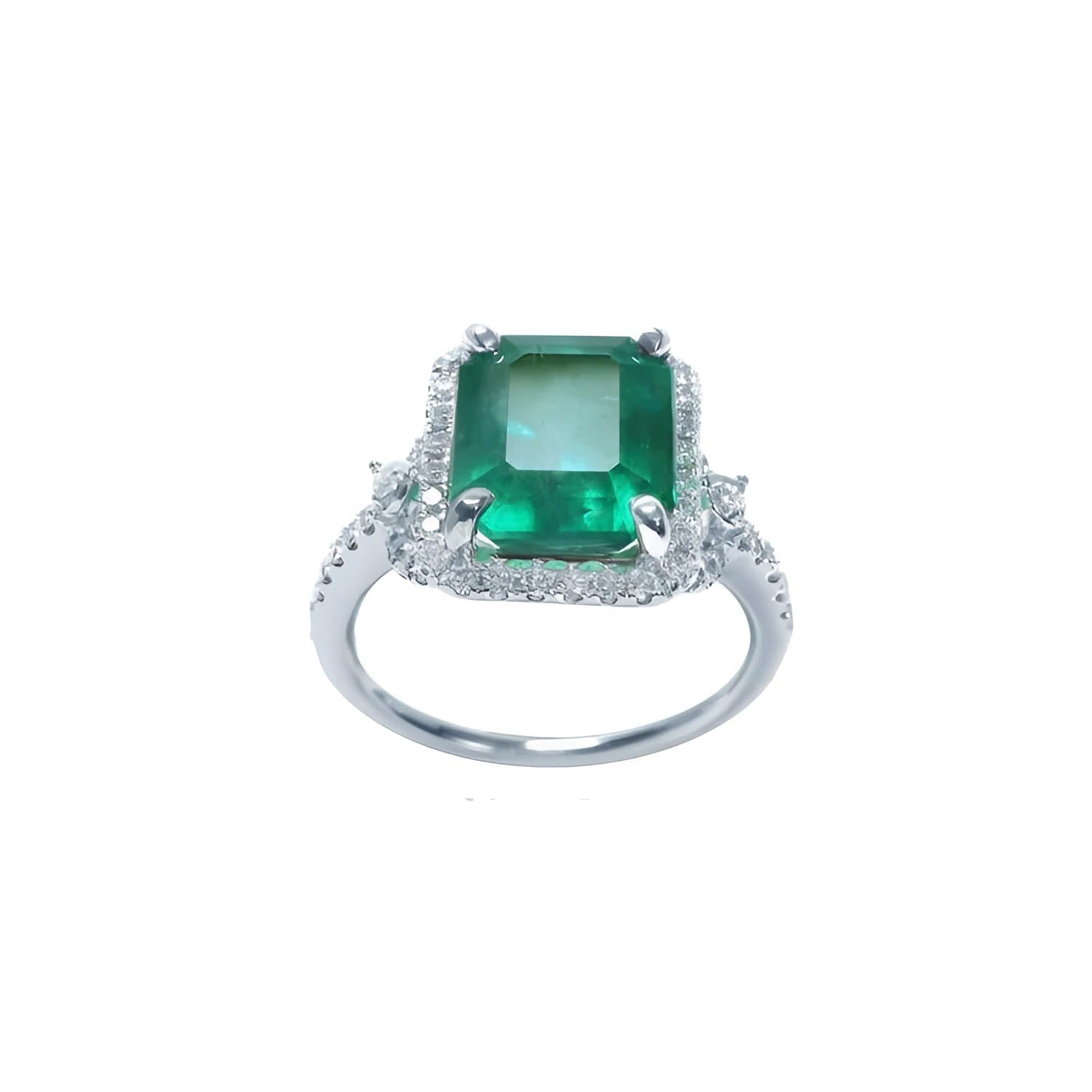Emerald-cut natural Colombian emerald ring with diamond halo in 14k white gold.