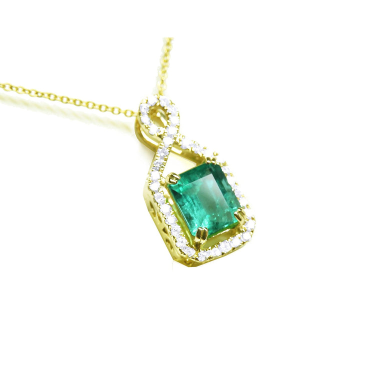 Women's emerald jewelry necklace square emerald-cut sourced from the Muzo mine in Colombia, halo diamond 14k yellow gold
