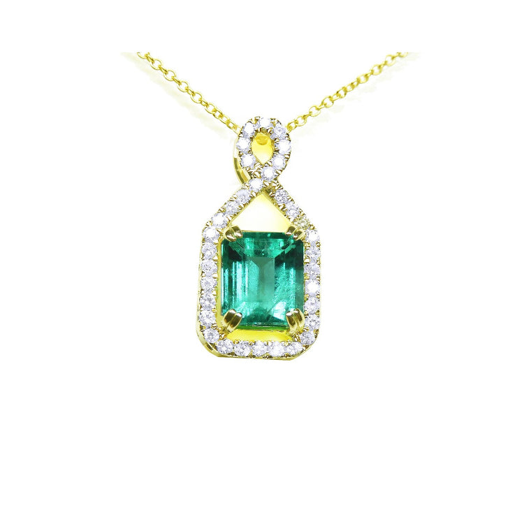 Natural Colombian emerald necklace square emerald-cut sourced from the Muzo mine in Colombia, halo diamond 14k yellow gold