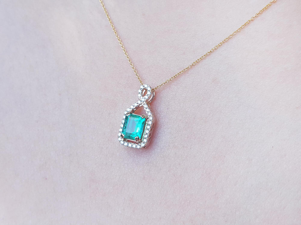Real emerald necklace for women square emerald-cut sourced from the Muzo mine in Colombia, halo diamond 14k yellow gold