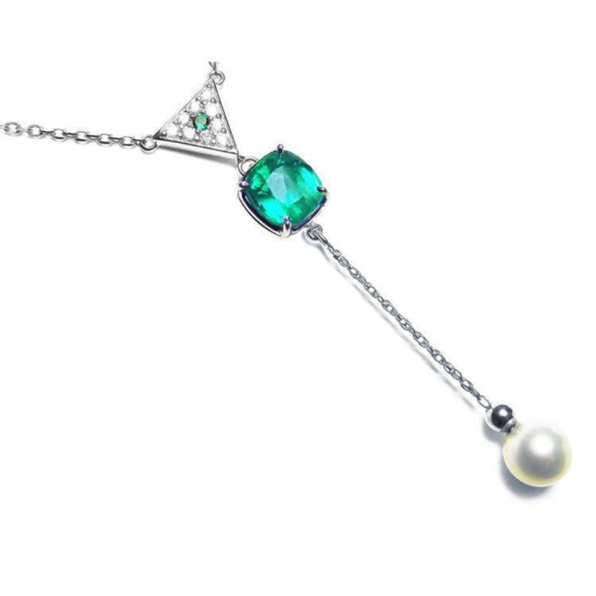 Cushion cut natural emerald necklace with freshwater pearl danglin, crafted in 14k white gold