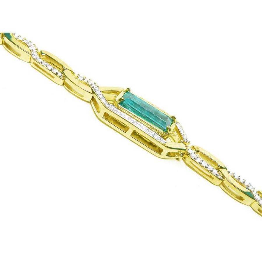 14K yellow gold bracelet with emerald-cut natural Colombian emerald and accent diamonds.