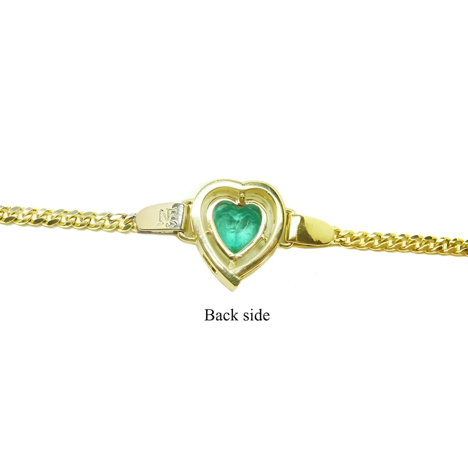 Back of a 14K yellow gold bracelet with a heart-shaped emerald.