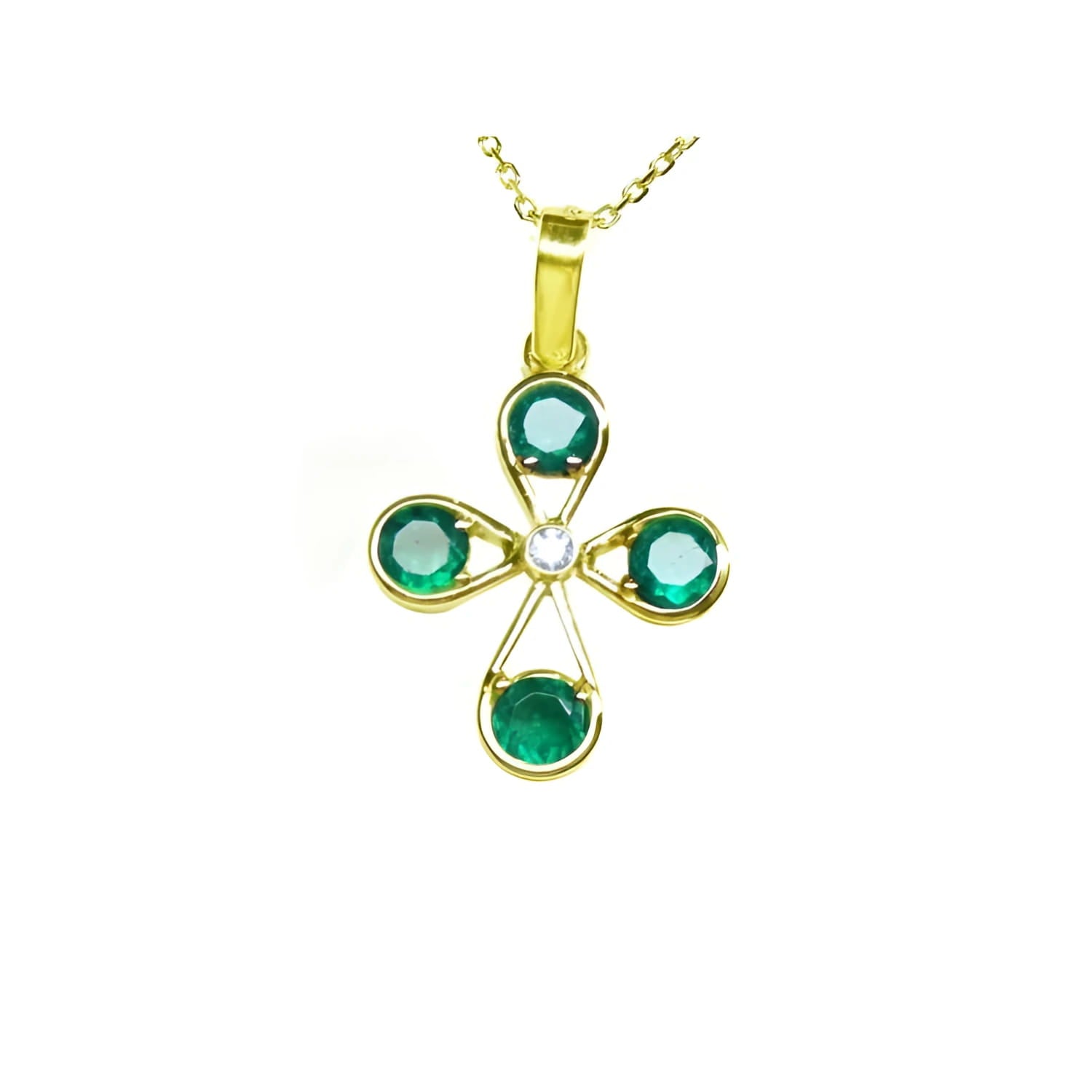 A natural four stone emerald cross pendant in yellow gold topside view.
