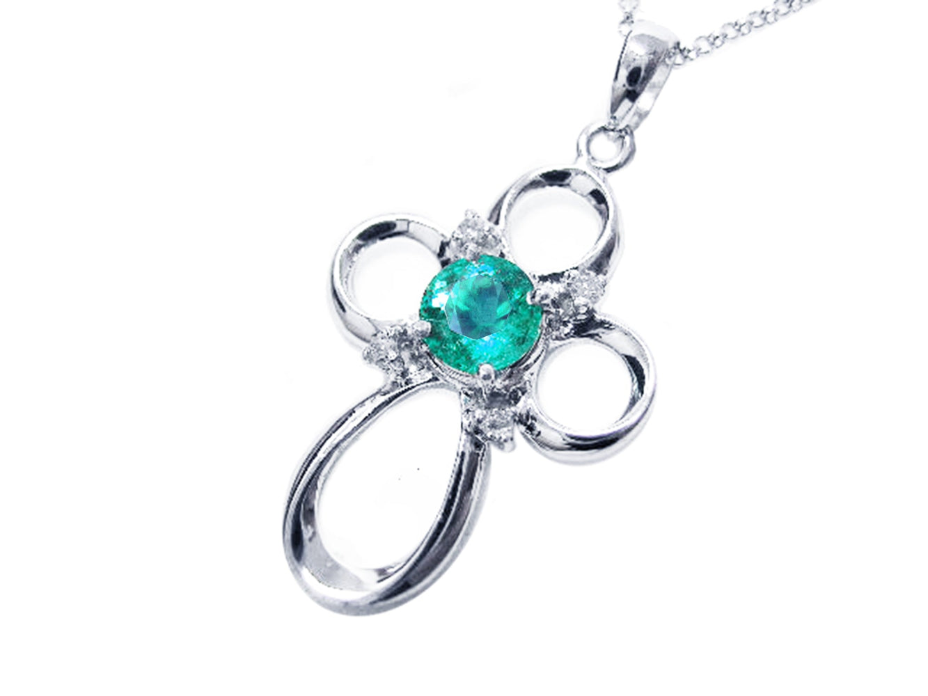 A 14k white gold emerald pendant necklace showing the topside profile view.