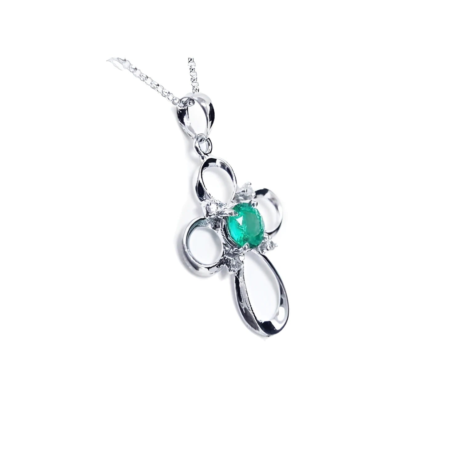 14K white gold cross pendant with a round natural Colombian emerald and diamond accents.