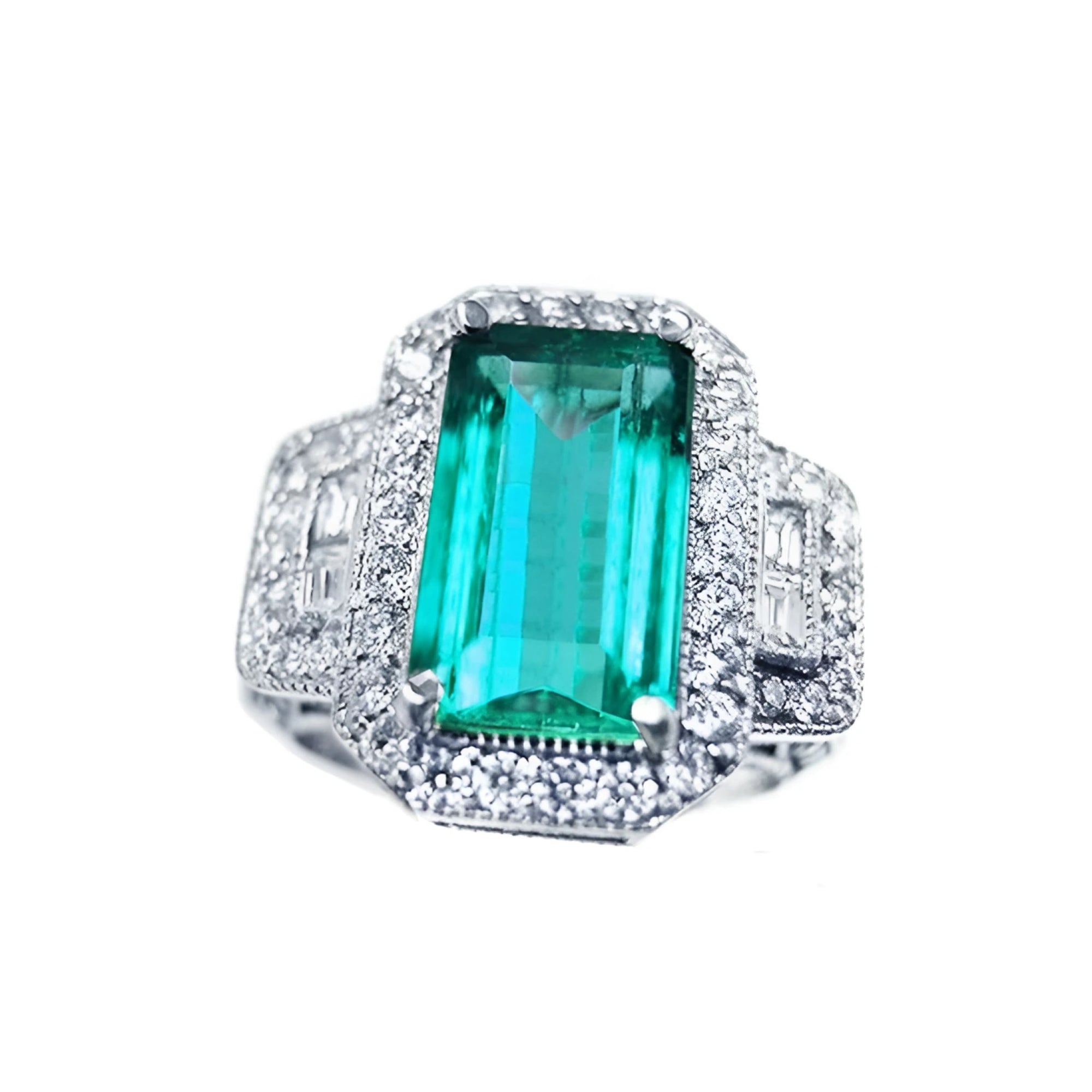 A GIA certified F1 natural Colombian emerald ring rectangular emerald-cut surrounded by a halo diamond in 18k white gold.