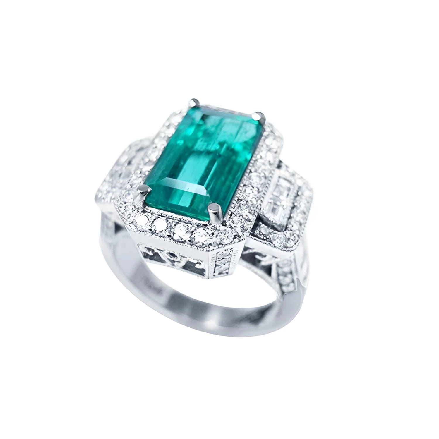 18K white gold ring with a vibrant emerald-cut Colombian emerald, haloed by diamonds and baguette side stones.
