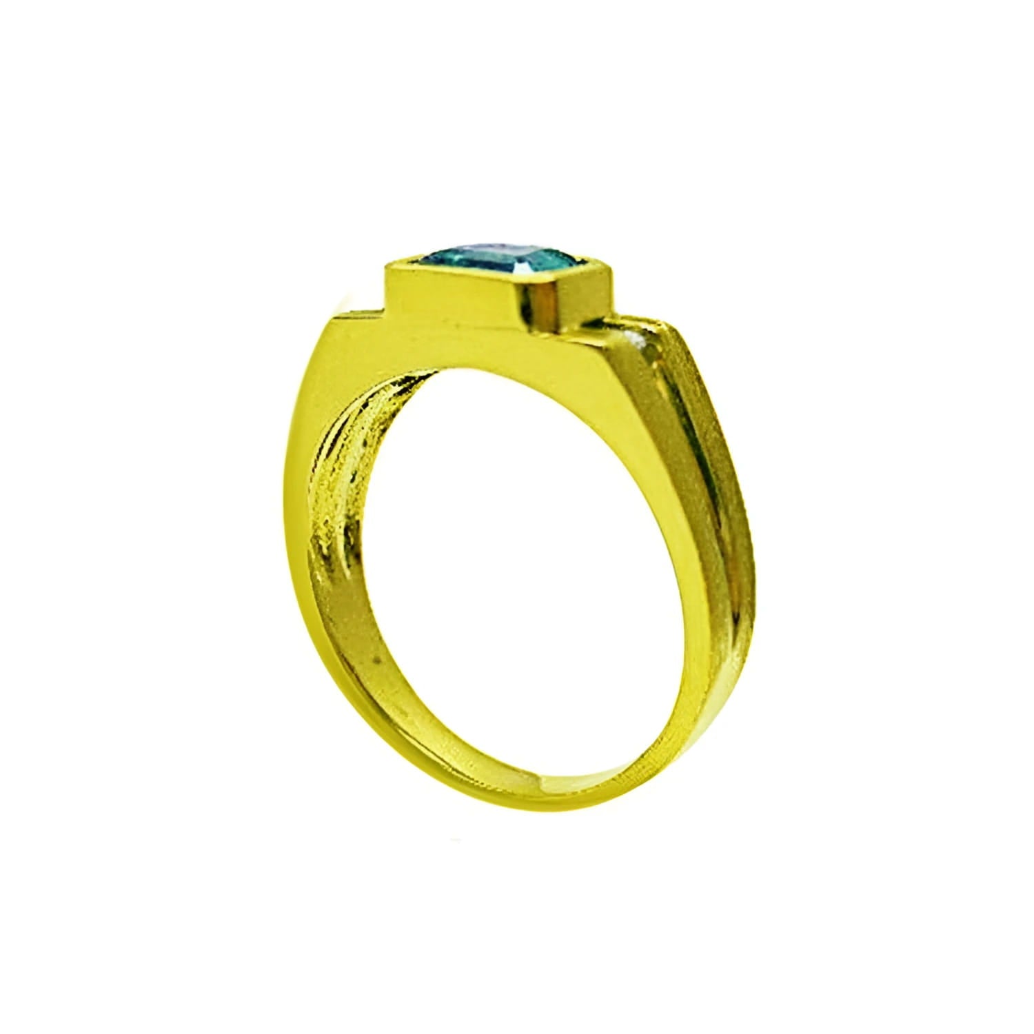 Men's 14K yellow gold ring with a bezel-set natural emerald and side diamond accents.