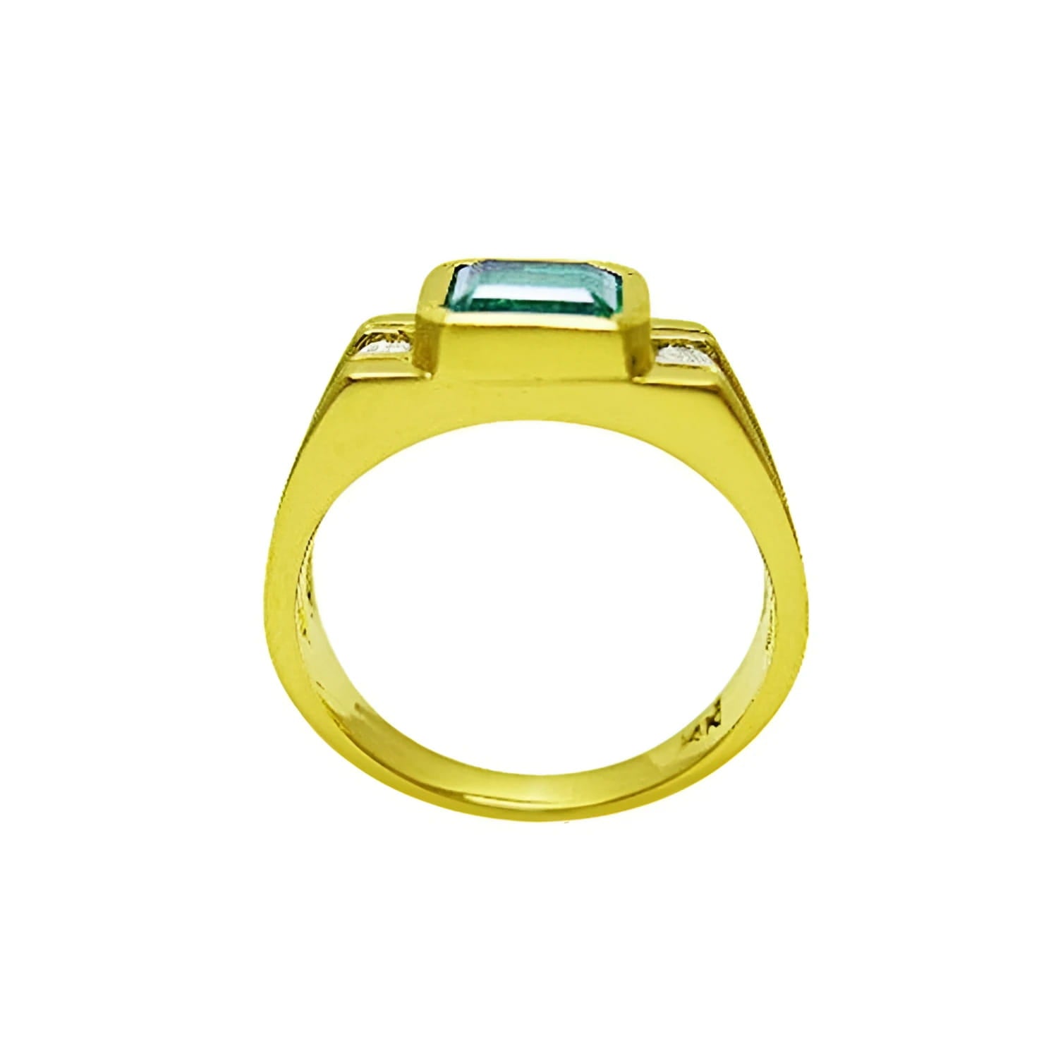 Men's 14K yellow gold ring with a bezel-set natural emerald and side diamond accents.