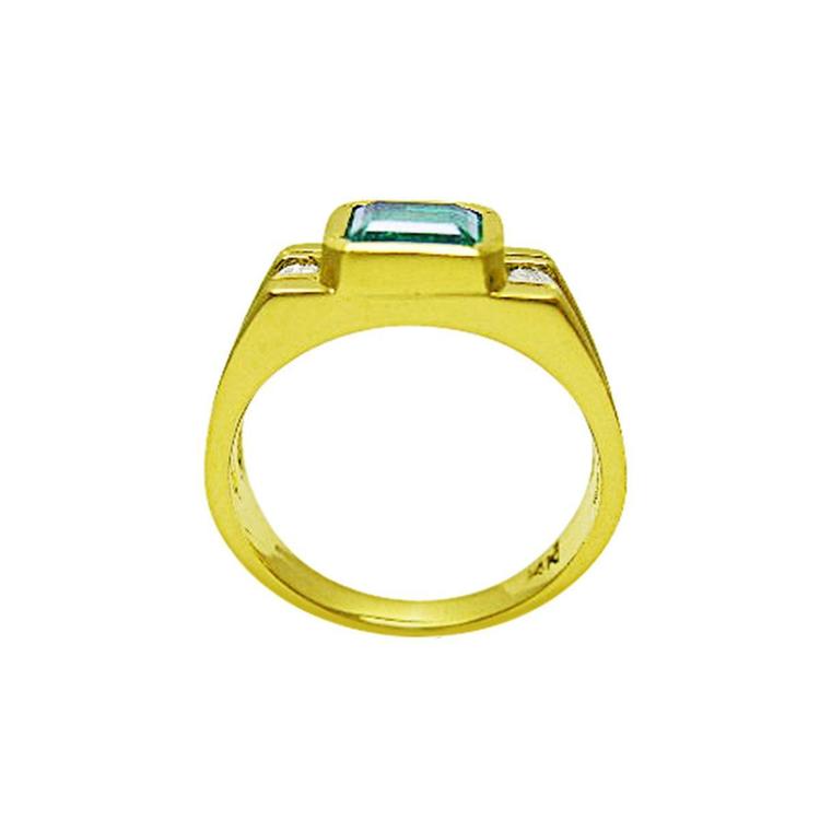 A men's natural emerald and side diamonds ring displaying top setting and lateral band design view.