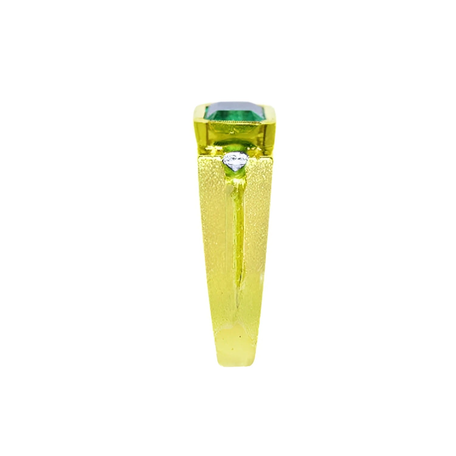 Men's 14K yellow gold ring with a bezel-set natural emerald and side diamond accents.