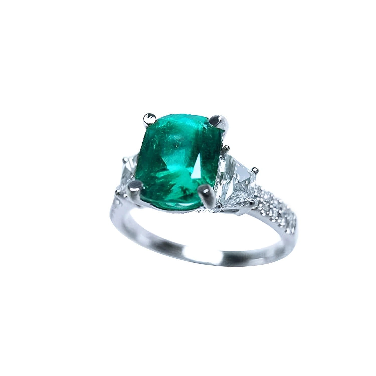 1.90 carat cushion cut emerald ring with trapezoid side diamonds in 18K white gold.