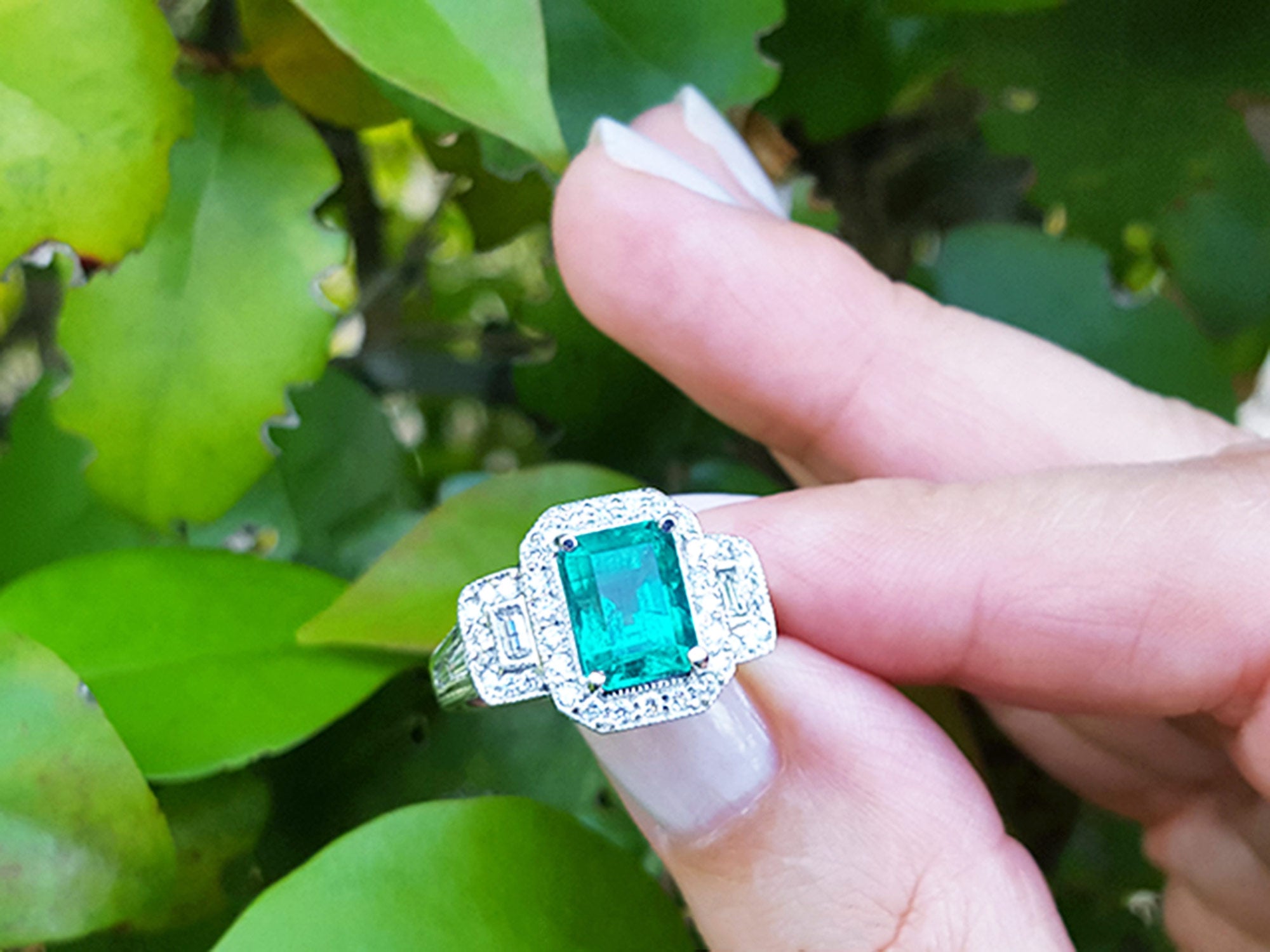 Hand holding an emerald with a halo diamond ring against a leafy background.