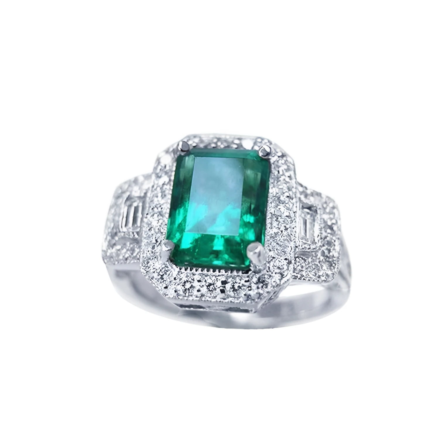 This natural colombian emerald engagement ring is adorned with a halo of natural diamonds and made of 18k white gold.