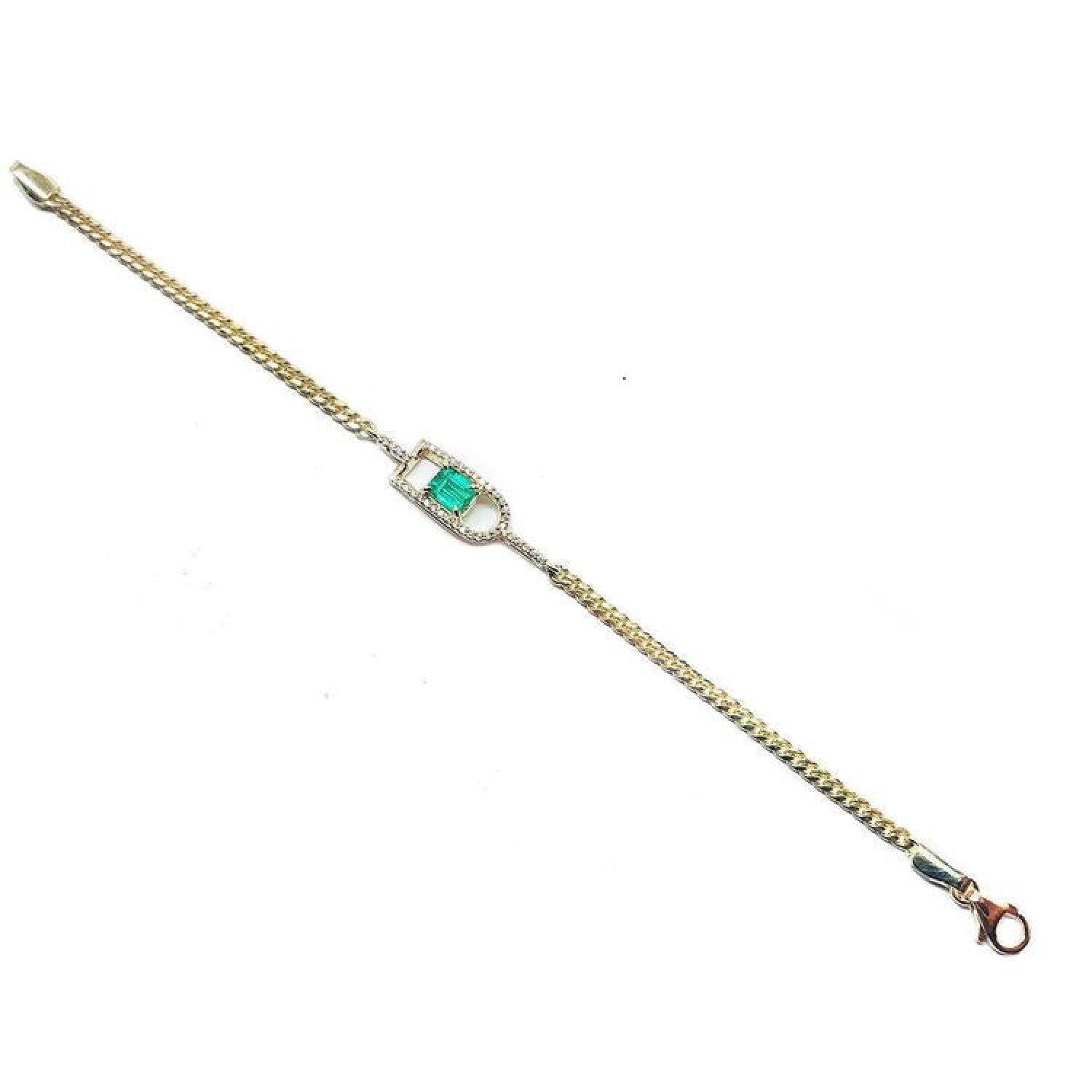 14K yellow gold bracelet with a square emerald-cut Colombian emerald in a diamond-accented setting.