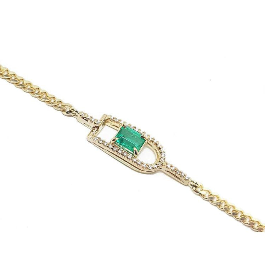 14K yellow gold bracelet with a square emerald-cut Colombian emerald and diamond accents.