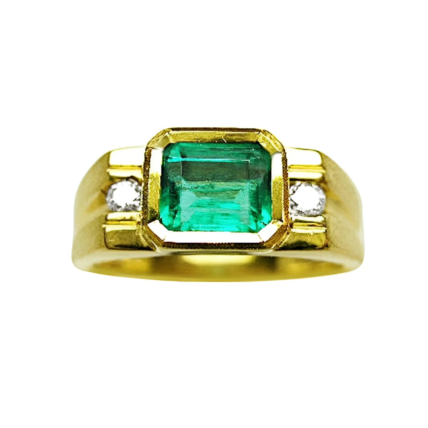 A 14k gold ring for men with a natural colombian emerald bezel set and two side diamonds.