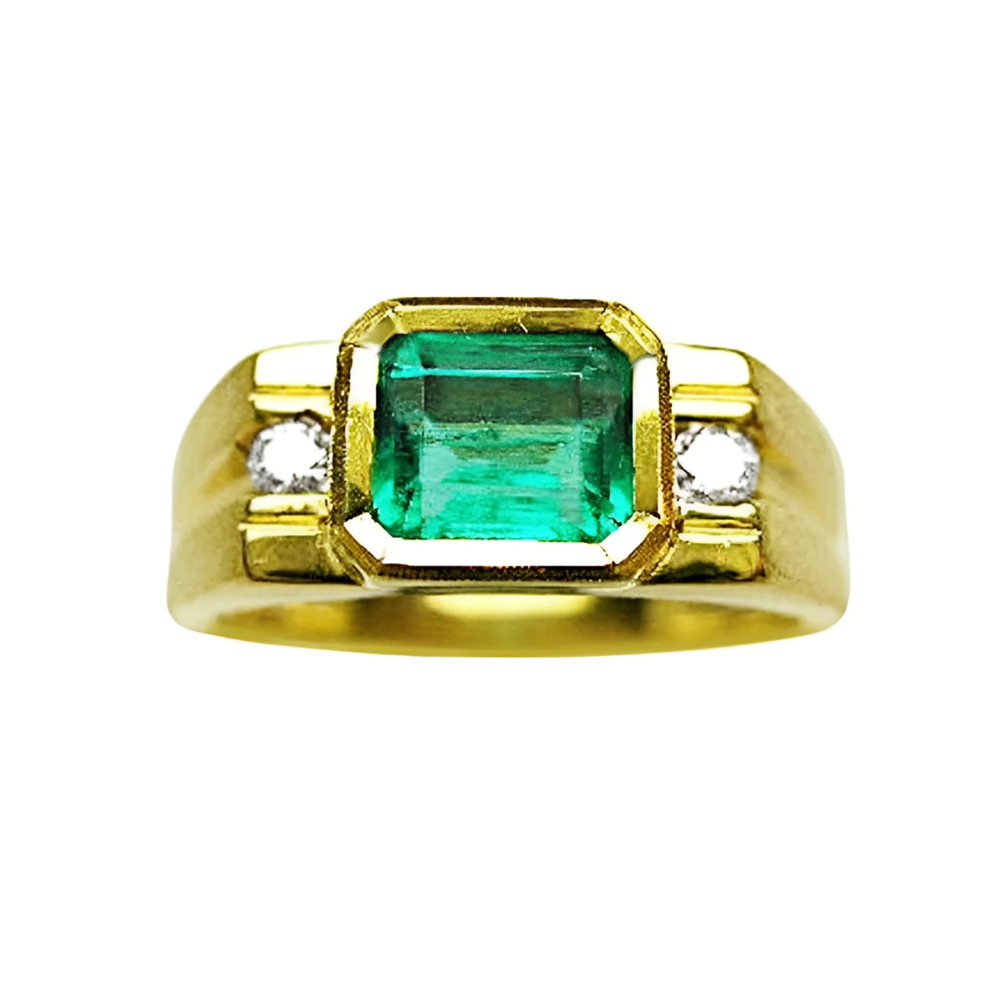 A 14k gold ring for men with a natural colombian emerald bezel set and two side diamonds.