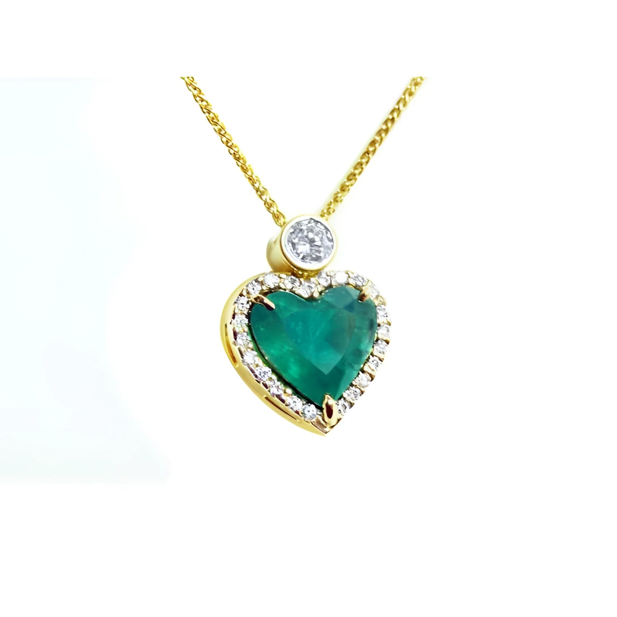 18k gold heart pendant with a large bluish-green emerald haloed by diamonds on a delicate chain.