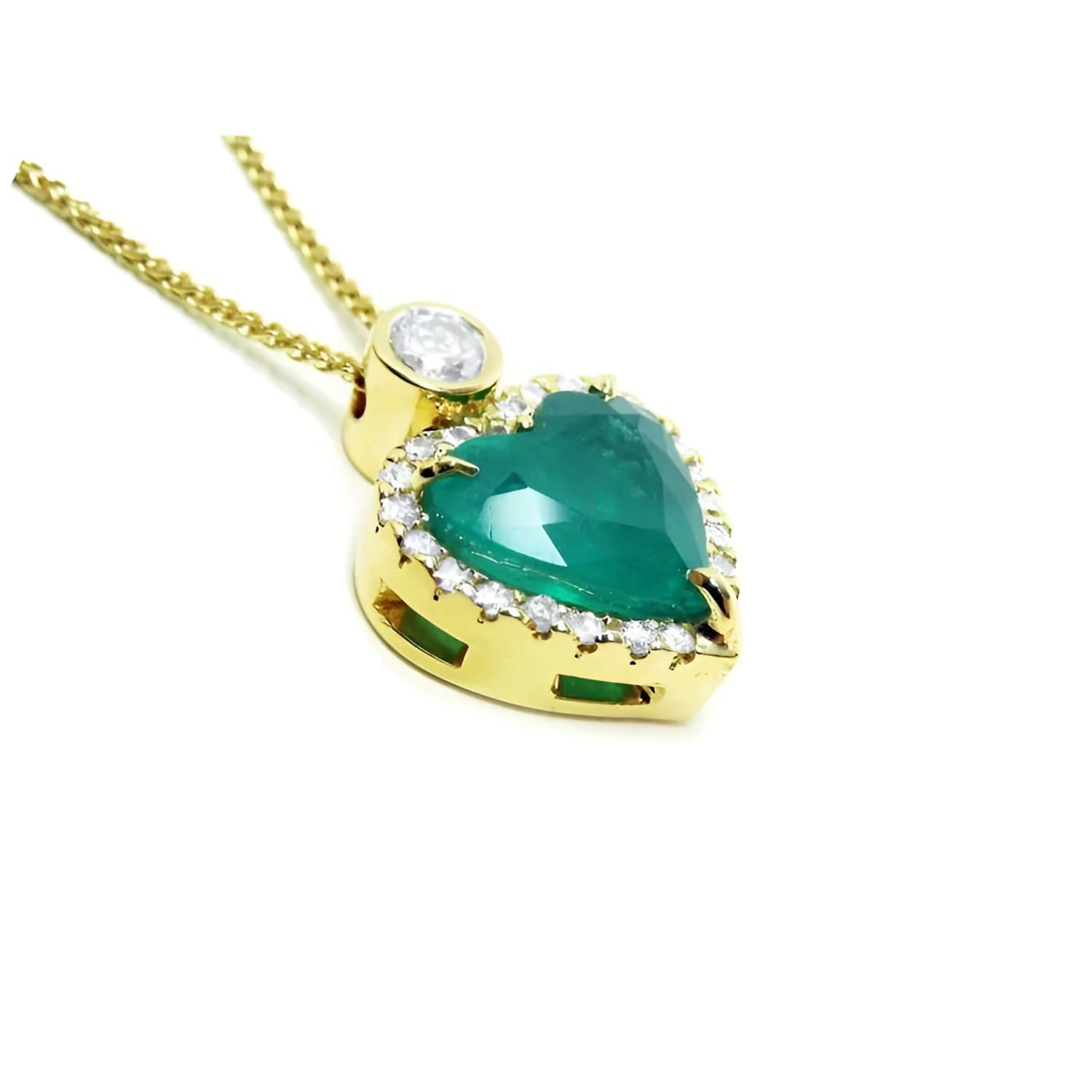 18k gold heart pendant with a bluish-green emerald haloed by diamonds on a delicate chain.