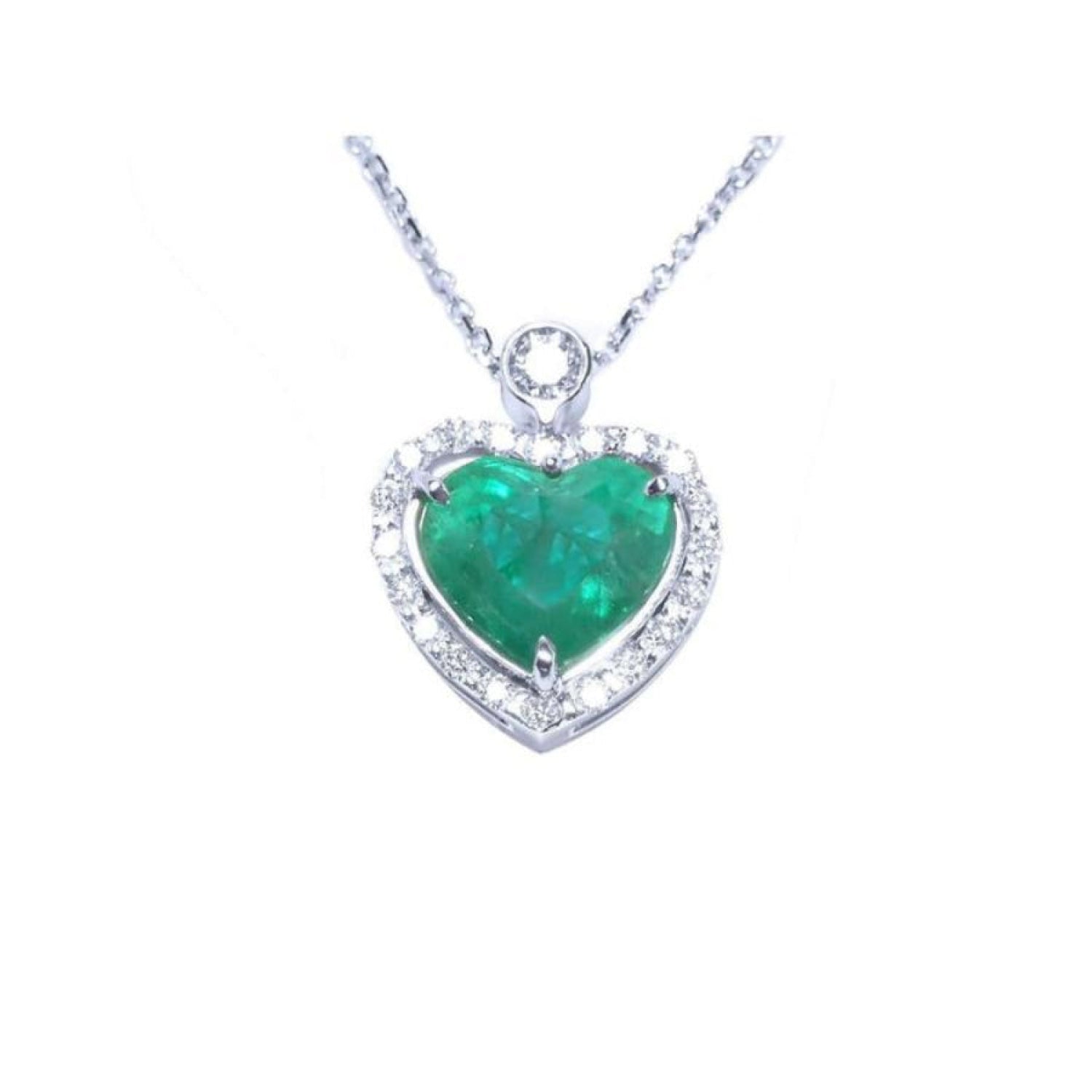 2.64 carat natural emerald heart pendant in 14K white gold, framed by diamonds on a delicate chain.