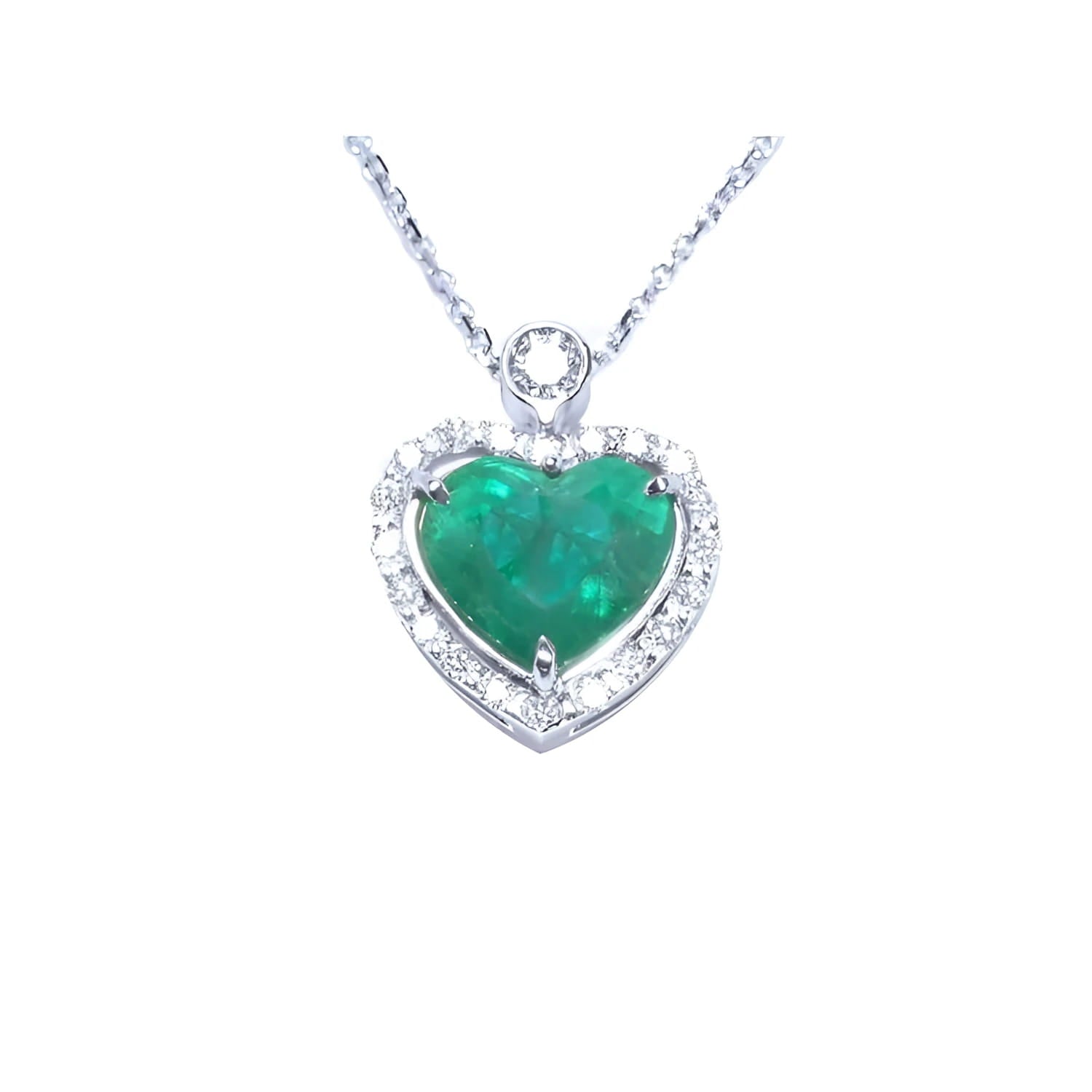 2.64 carat natural emerald heart pendant in 14K white gold, framed by diamonds on a delicate chain.