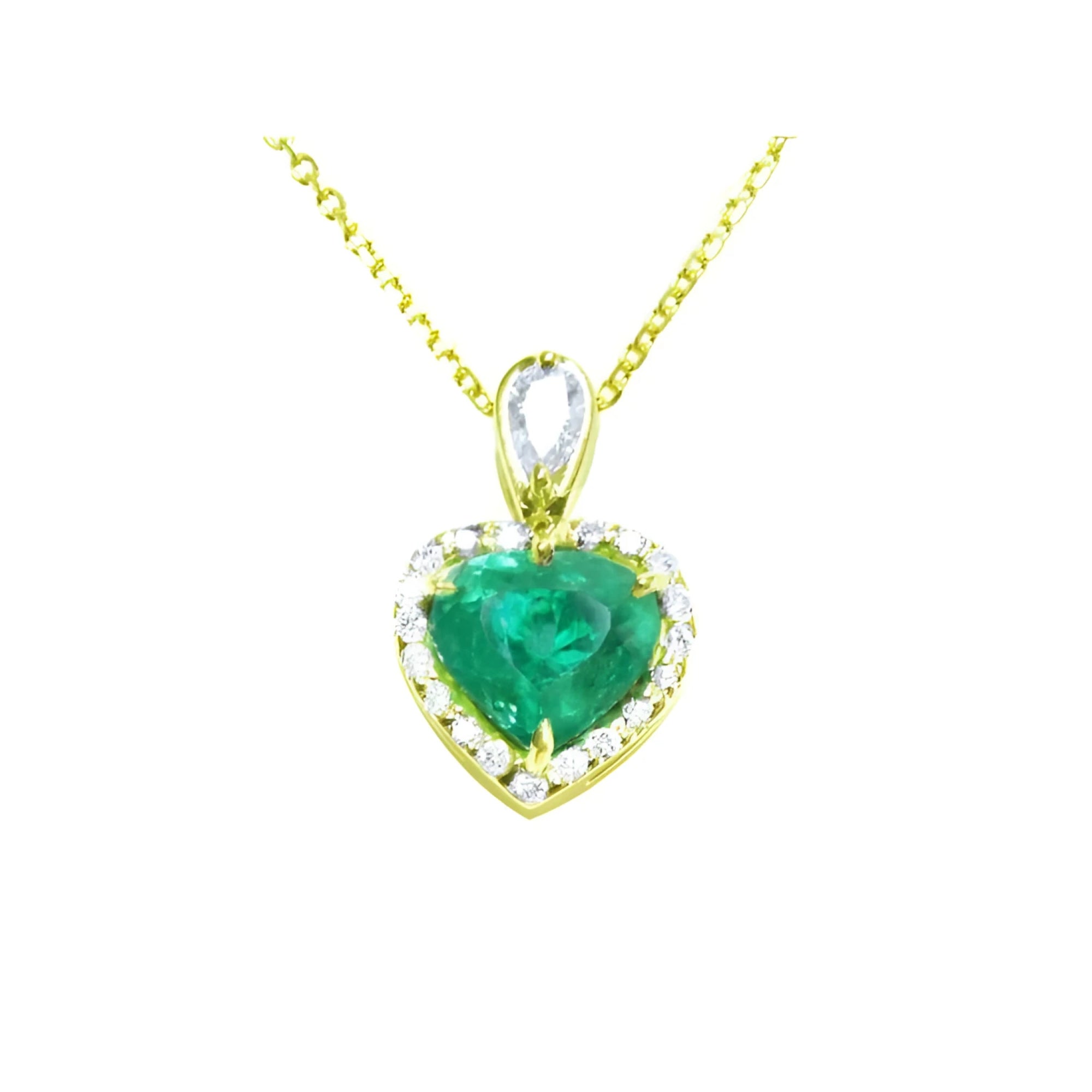 14K yellow gold heart pendant with a medium-deep green emerald and diamond halo on a delicate chain.