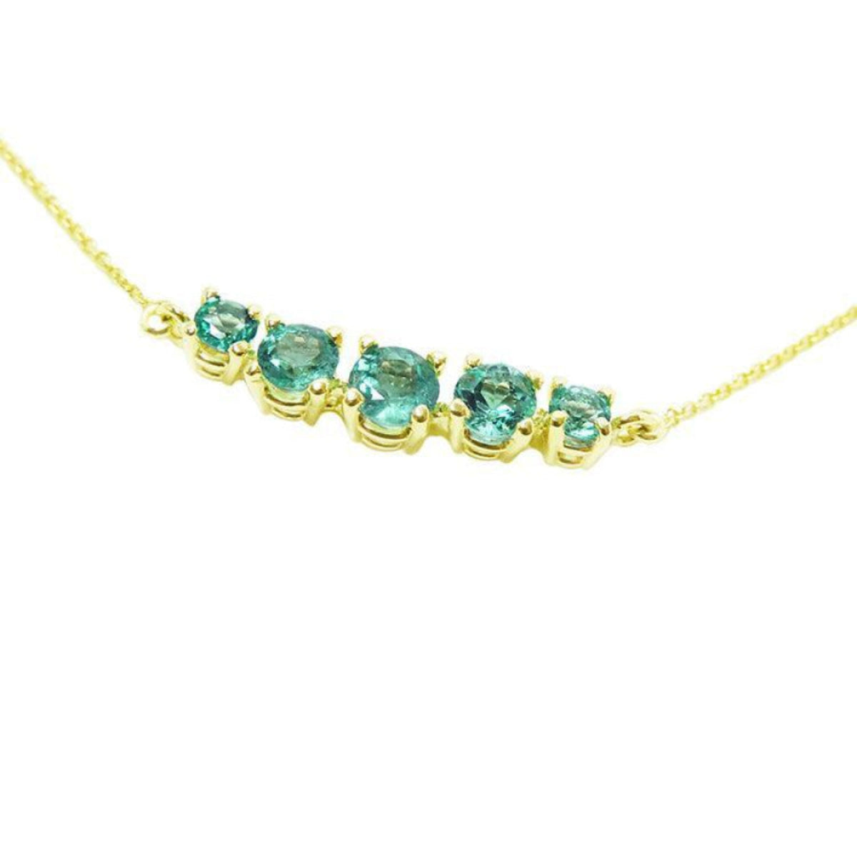 14K gold necklace with five round, medium light green Colombian emeralds, graduated in size.
