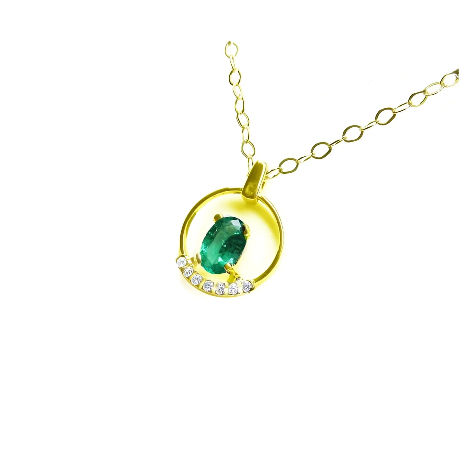 14k yellow gold necklace with an oval 0.85 ct natural Colombian emerald and diamond accents.