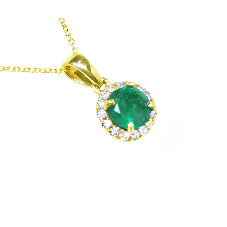 Muzo mine natural round cut Colombian emerald necklace halo diamond 14k yellow gold