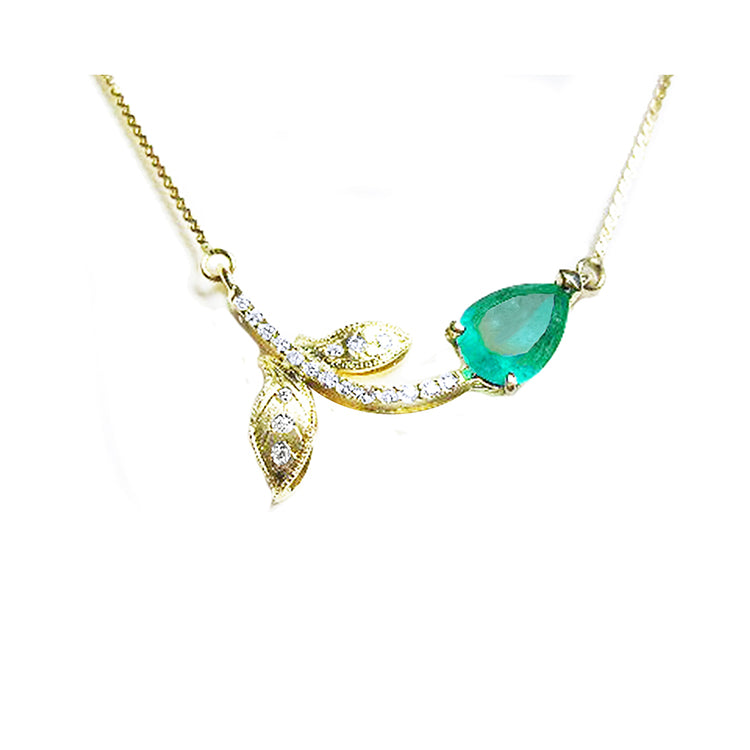 Natural Colombian emerald necklace 1.66 carats sourced from Muzo mines; nature inspired design handcrafted in 14k yellow gold