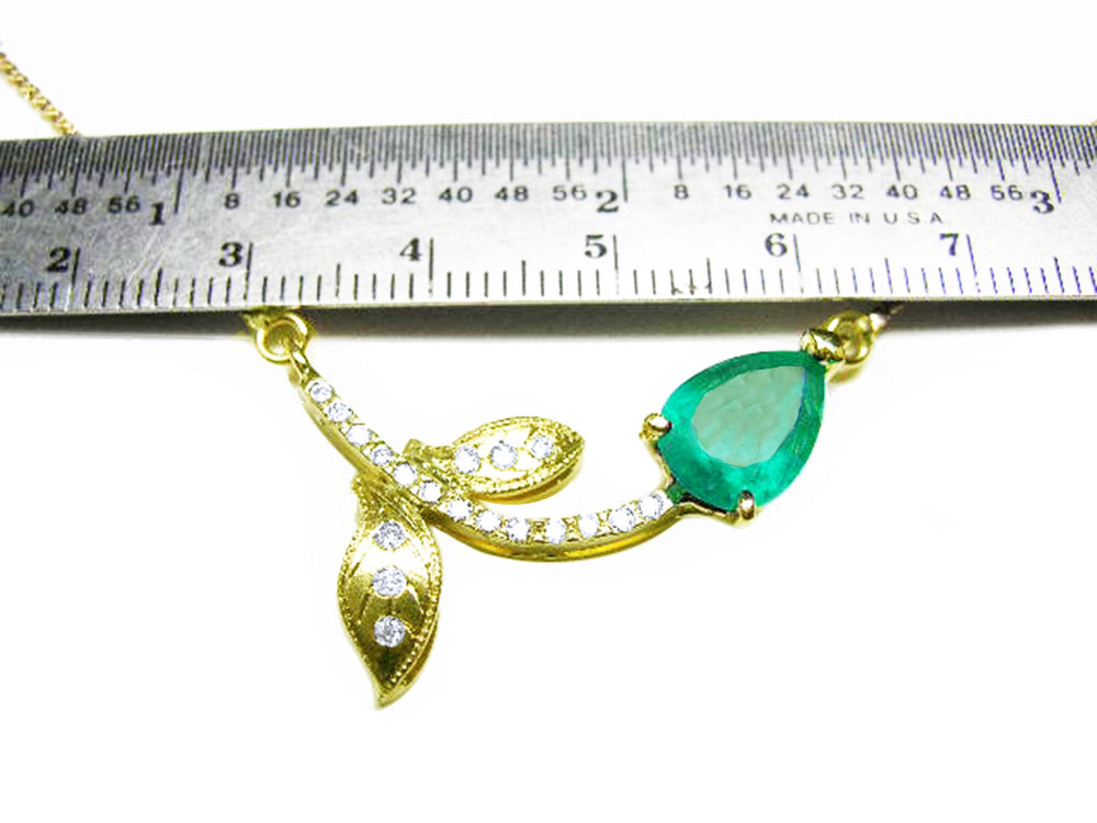 14k yellow gold genuine Emerald necklace 1.66 carats sourced from Muzo mines; nature inspired design 