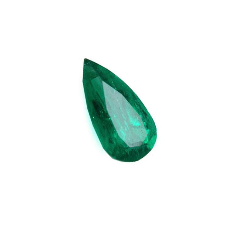 Natural emerald pear cut from muzo mine Colombia, front left tall side table and crown view