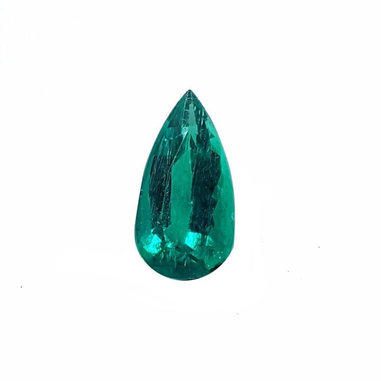 Natural emerald pear cut from muzo mine Colombia, taller front side table and crown view