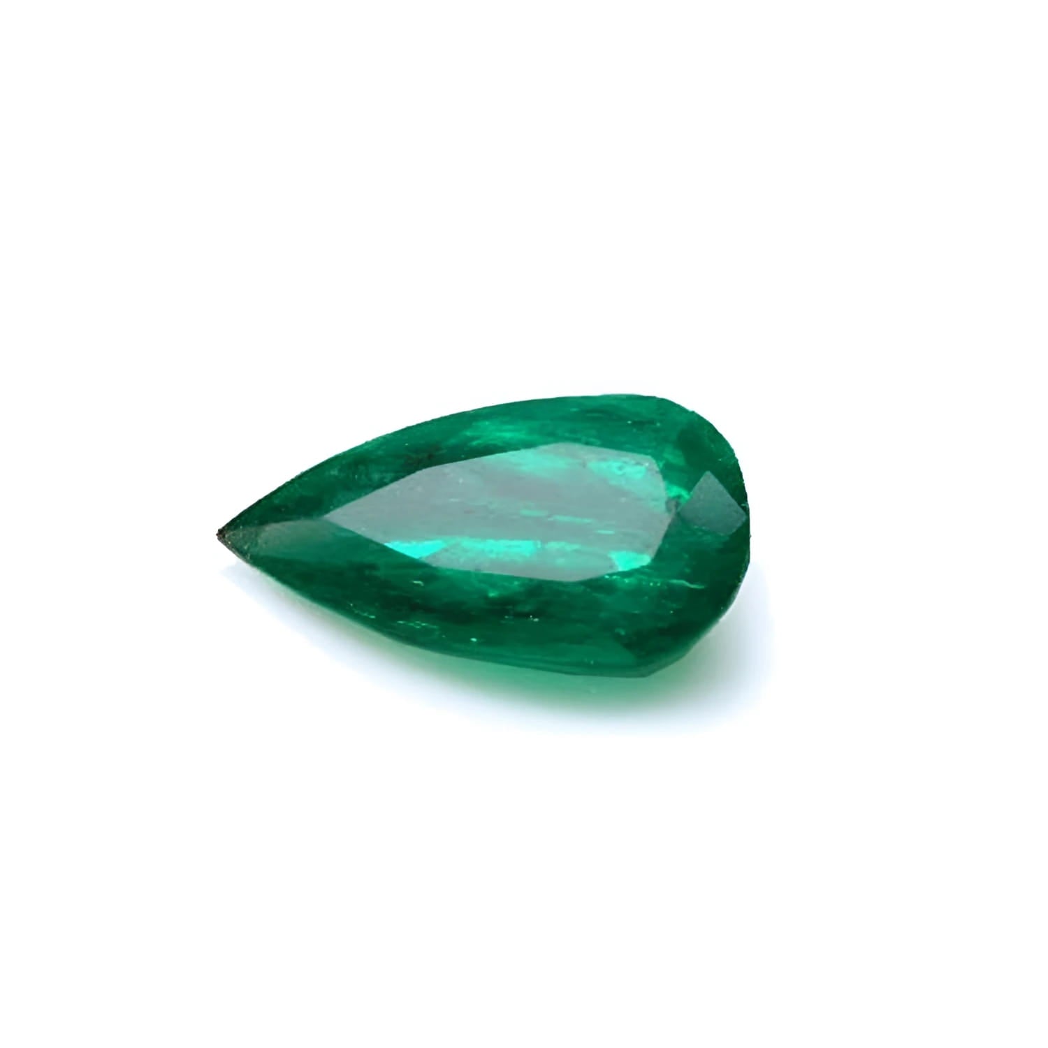 Natural emerald pear cut from muzo mine Colombia, eye-clean gemstone vivid bluish-green color.
