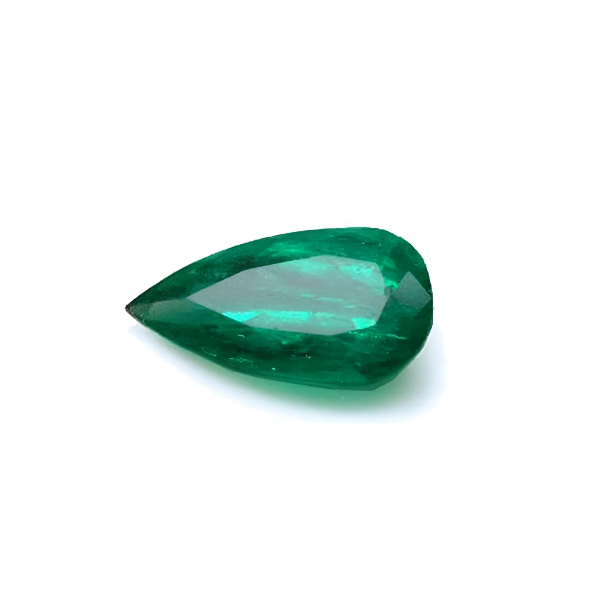 Natural emerald pear cut from muzo mine Colombia, eye-clean gemstone vivid bluish-green color.